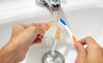 person cleaning their mouthguard in their bathroom sink