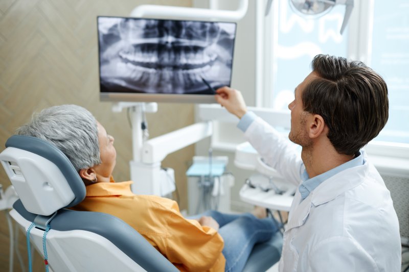 Dentist with patient at dental implants consultation